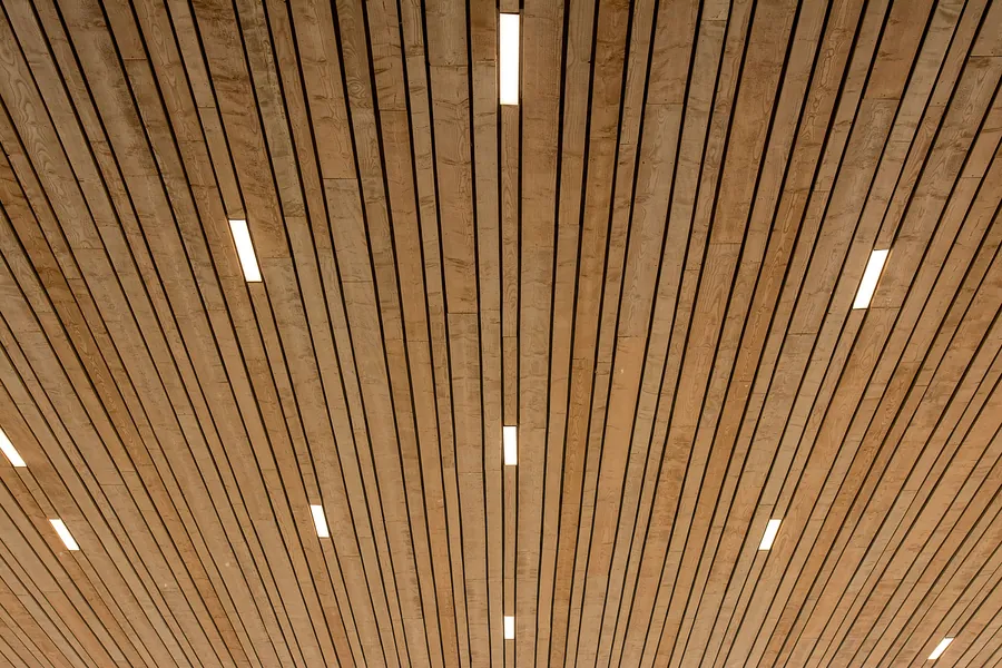 Timber slat ceiling with recessed linear light fittings